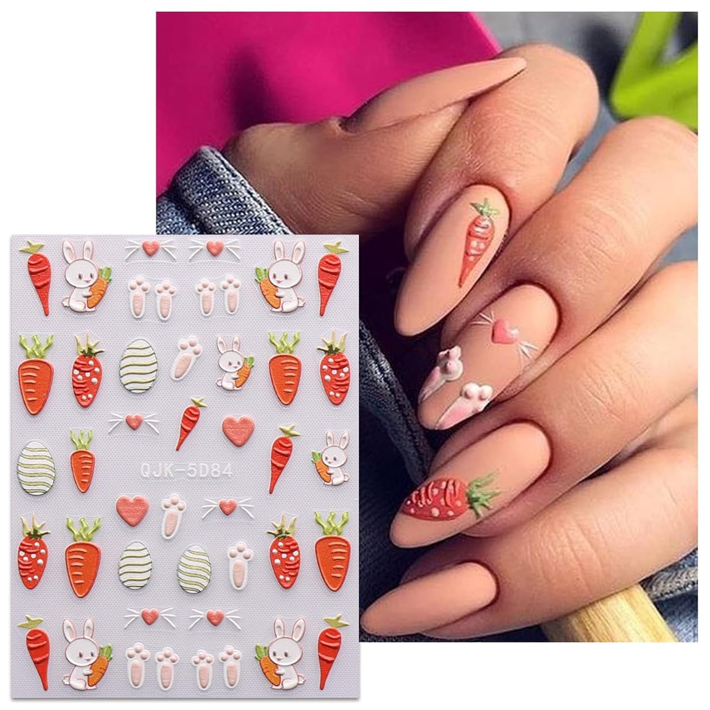 JMEOWIO 6 Blatt 3D Nagelsticker Ostern Nail Art Sticker Selbstklebend Nagelaufkleber 5D Stereoscopico Süßer Hase Ei Dekoration Nageldesign Zubehör