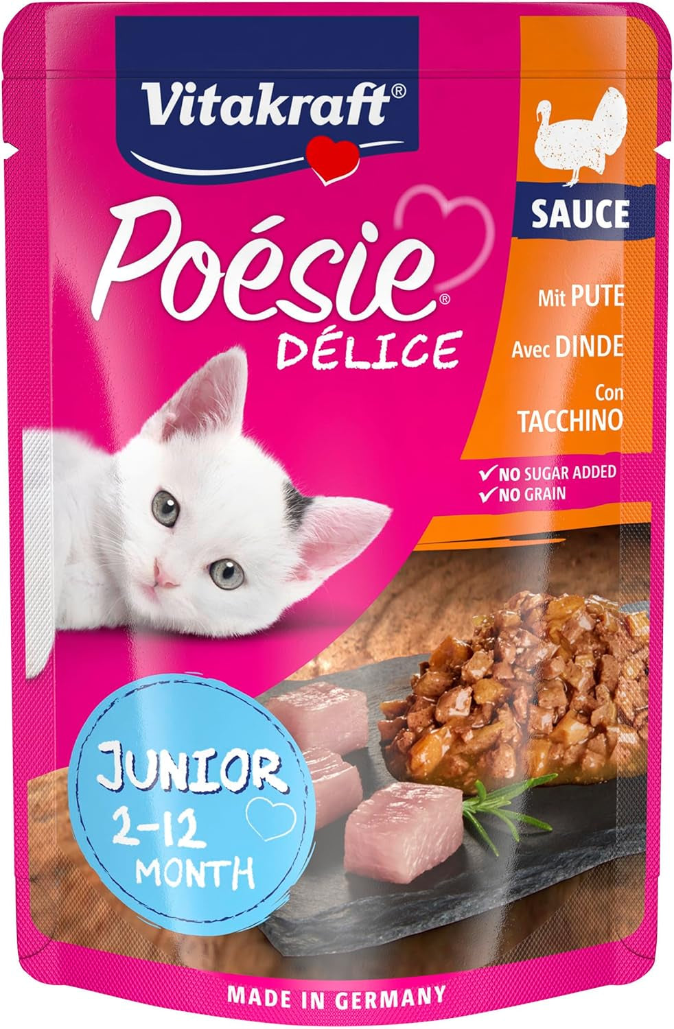 Vitakraft Poésie Délice, Junior, Cibo umido per gatti, Cibo umido in salsa, con tacchino, Confezione multipla, per gatti giovani, Senza zuccheri o cereali aggiunti (23 x 85g)