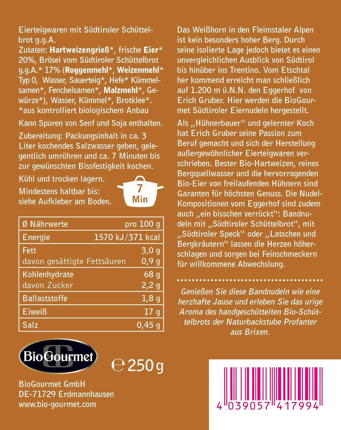 Tagliatelle BioGourmet con Schüttelbrot dell'Alto Adige (IGP) | Tagliatelle all'uovo salate e aromatizzate con genuino speck dell'Alto Adige | 1x250g biologico