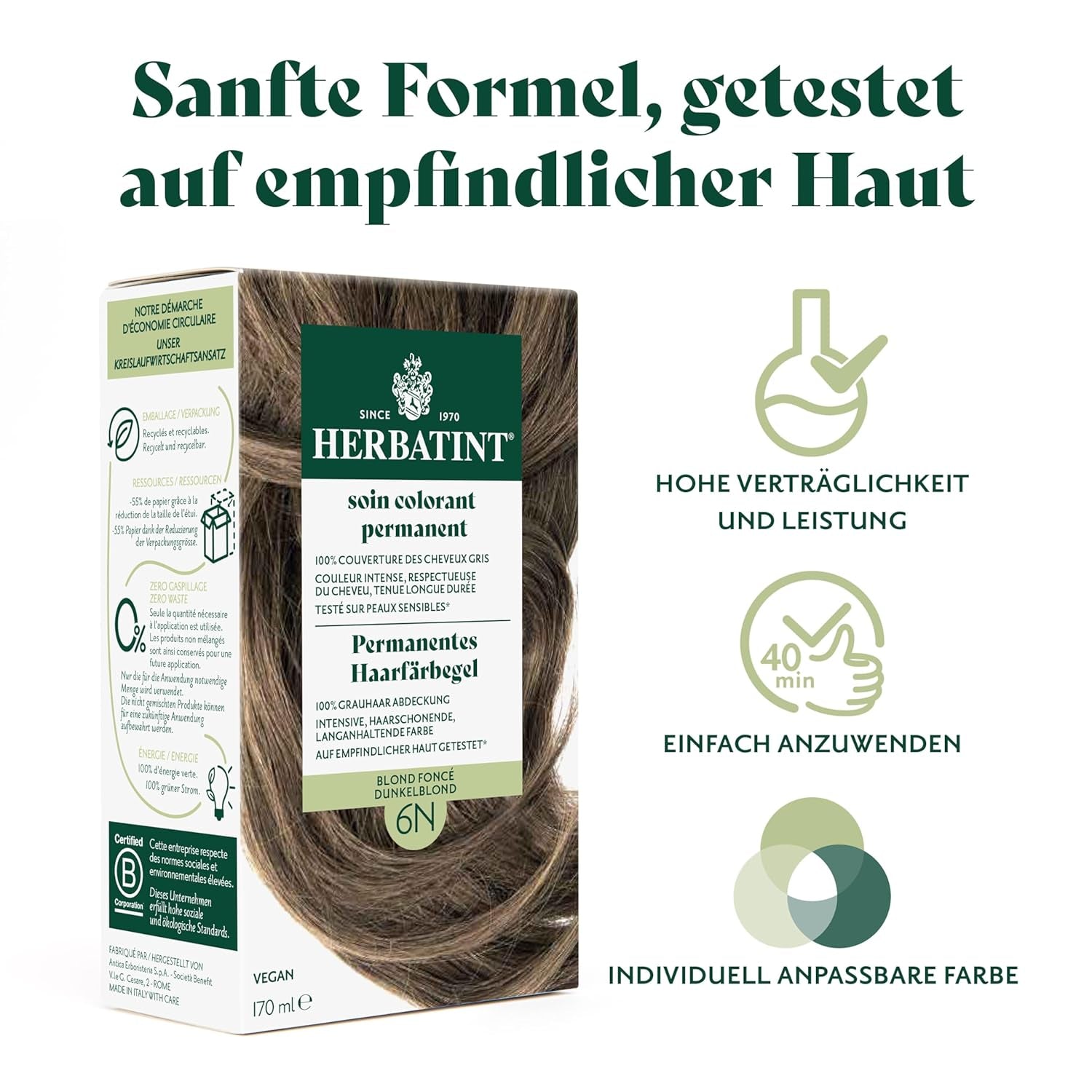 Gel tintura permanente per capelli 6N Biondo scuro - 170 ml I Senza ammoniaca, copertura al 100% dei capelli bianchi I Testato su pelle sensibile, con 8 estratti vegetali Tinture per capelli Naty Shop