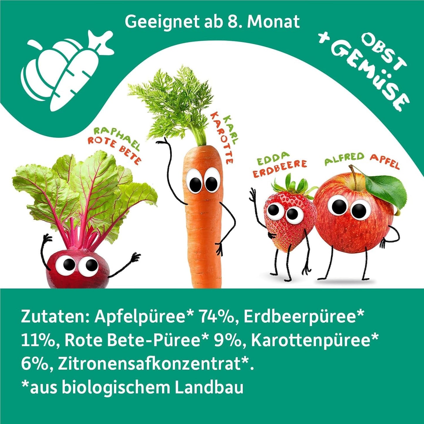 FRECHE FREUNDE sacchetto di frutta spremibile biologico con mele, fragole, barbabietola rossa e carota, purea di frutta e verdura in sacchetto spremibile per bambini a partire da 6 mesi, vegano, confezione da 6 (6 x 100 g)