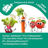 FRECHE FREUNDE sacchetto di frutta spremibile biologico con mele, fragole, barbabietola rossa e carota, purea di frutta e verdura in sacchetto spremibile per bambini a partire da 6 mesi, vegano, confezione da 6 (6 x 100 g)