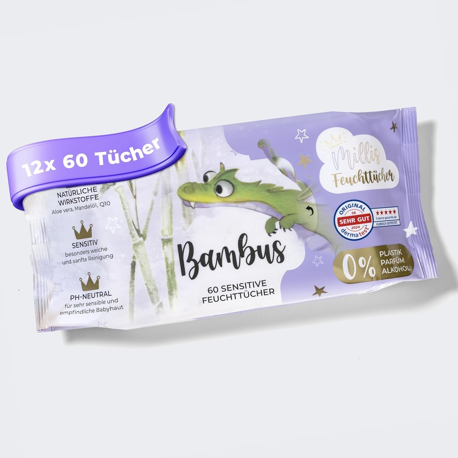 Salviette umidificate Millis Bamboo Baby Sensitive per la pelle delicata del bambino - 5 x 60 pezzi - Pulizia naturale, delicata e sostenibile - Salviette biodegradabili per neonati, senza plastica e senza alcool