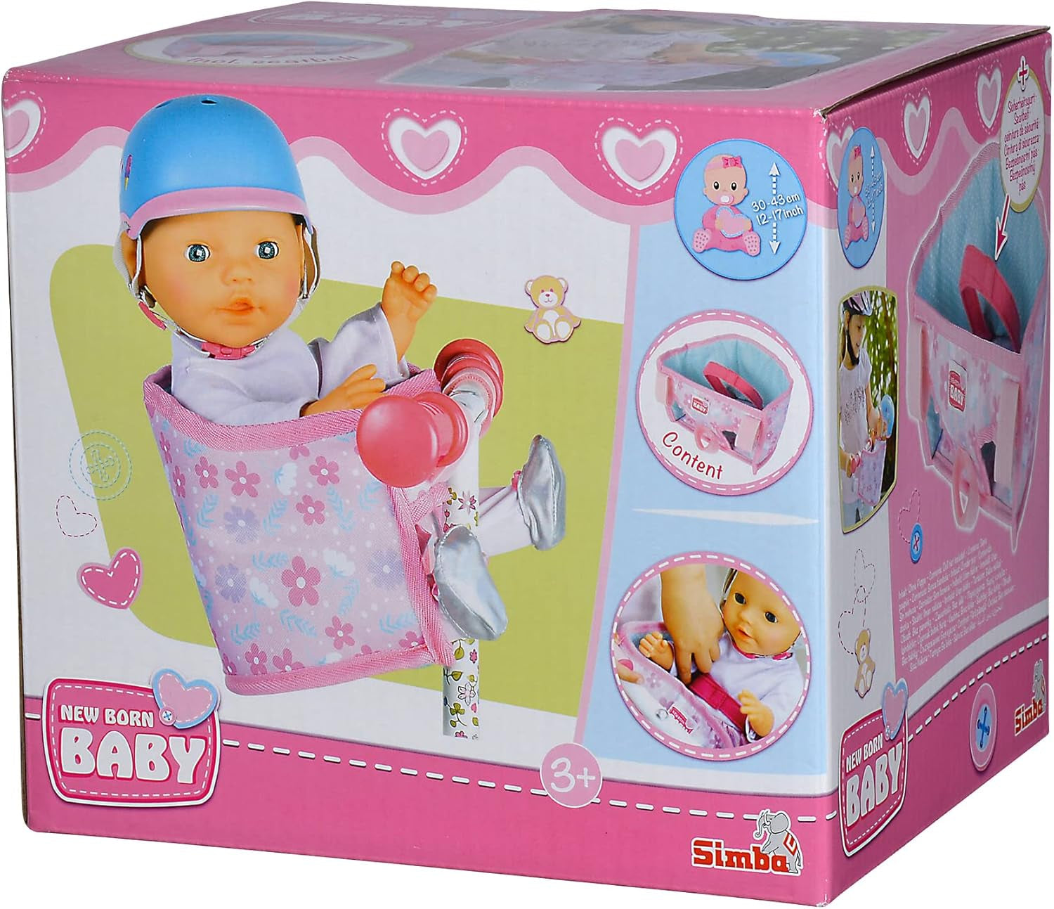 Simba 105560018 - Seggiolino da bici per neonati con cintura, accessorio per bambola, sedile in tessuto, cintura di sicurezza, manubrio in velcro, per bambole da 30-43 cm, dai 3 anni in su