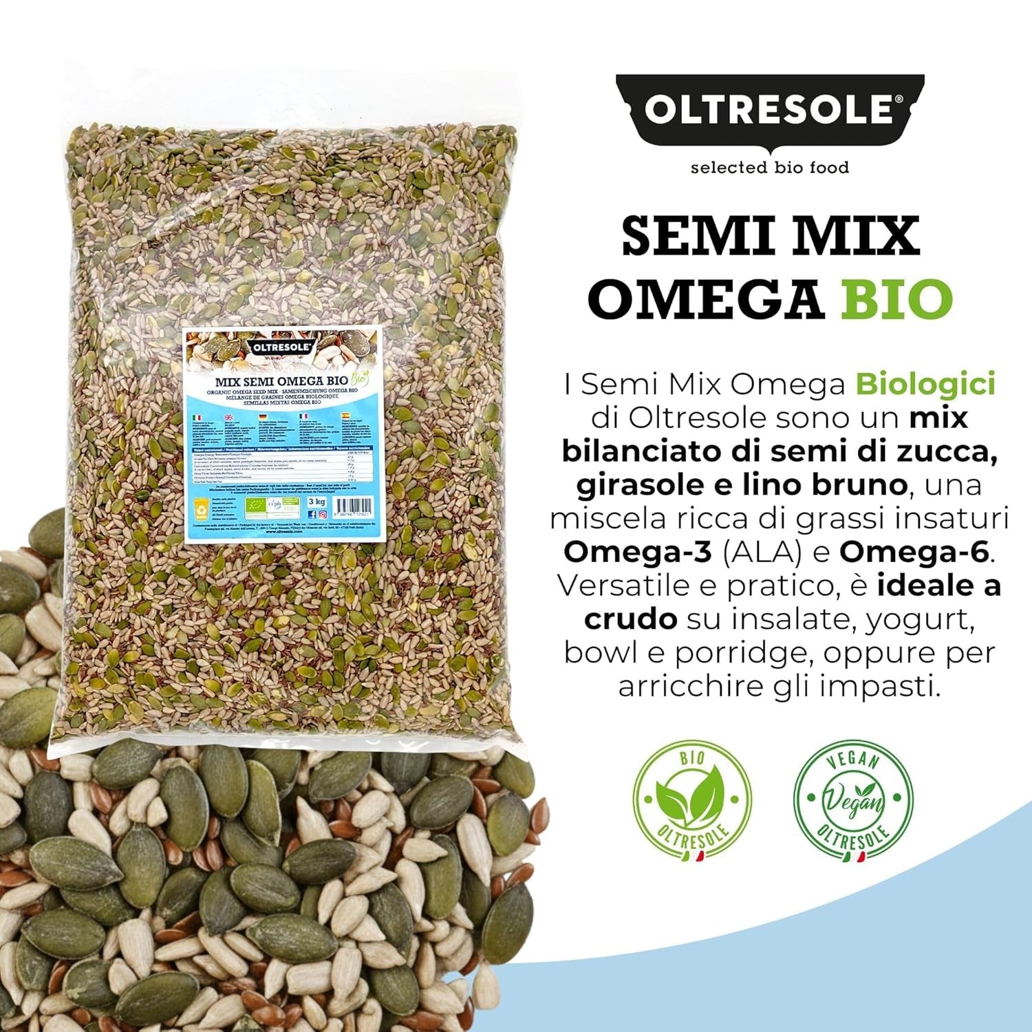 Organic Omega Seed Mix 3 kg (miscela di semi di zucca, girasole e lino), una miscela di 3 semi oleosi interi crudi, ricchi di proteine, fibre e acidi grassi omega-3