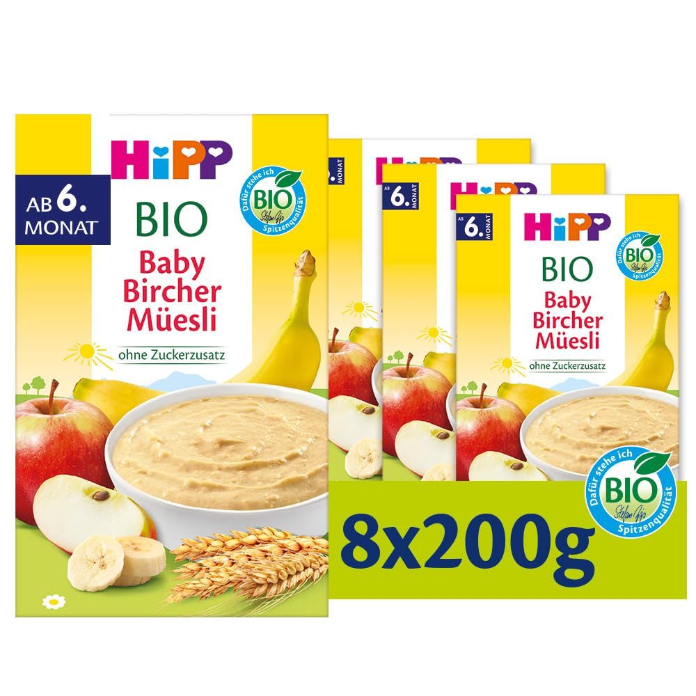 Muesli Baby Bircher biologico HiPP (8 x 250 g), a partire da 6 mesi, senza zuccheri aggiunti, fiocchi di cereali extra teneri - colazione facilmente digeribile della migliore qualità biologica