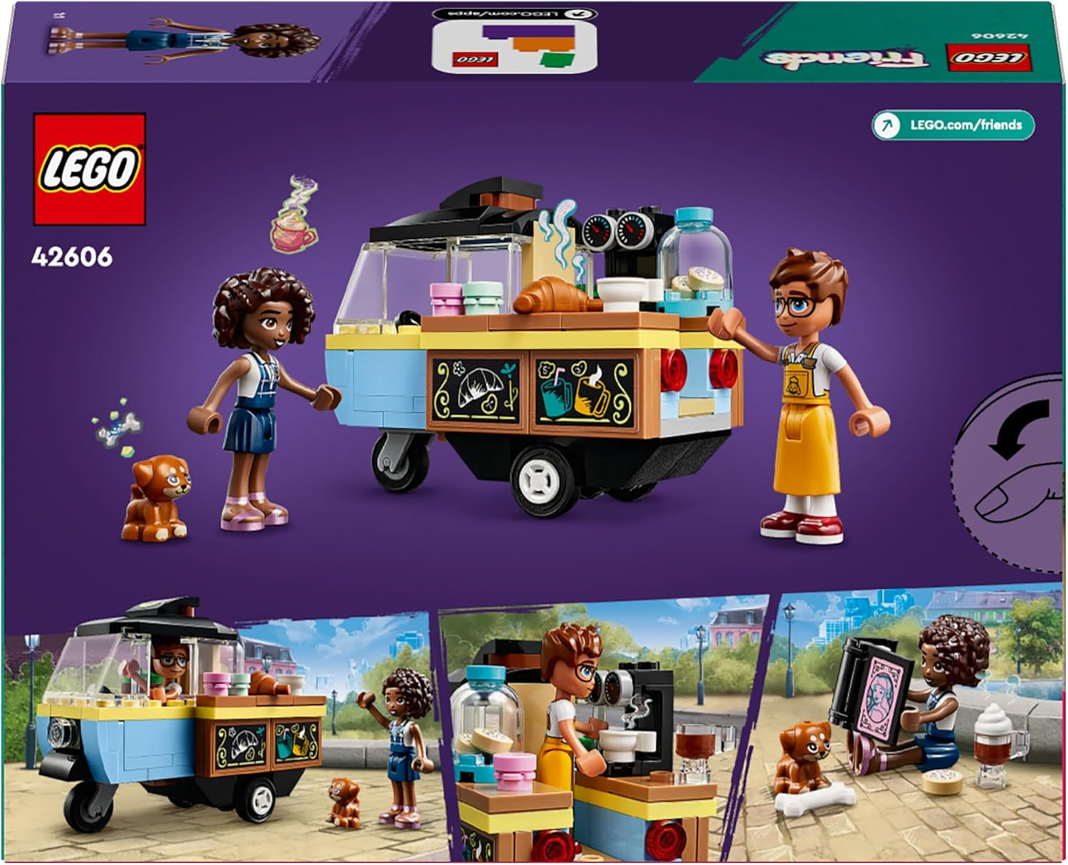 LEGO Friends Rolling Café Piccolo giocattolo da forno per bambini, regalo per ragazze e ragazzi dai 6 anni, giocattolo educativo con Aliya, Jules e Aira il cane 42606 Set da costruzione Beuche den LEGO-Store