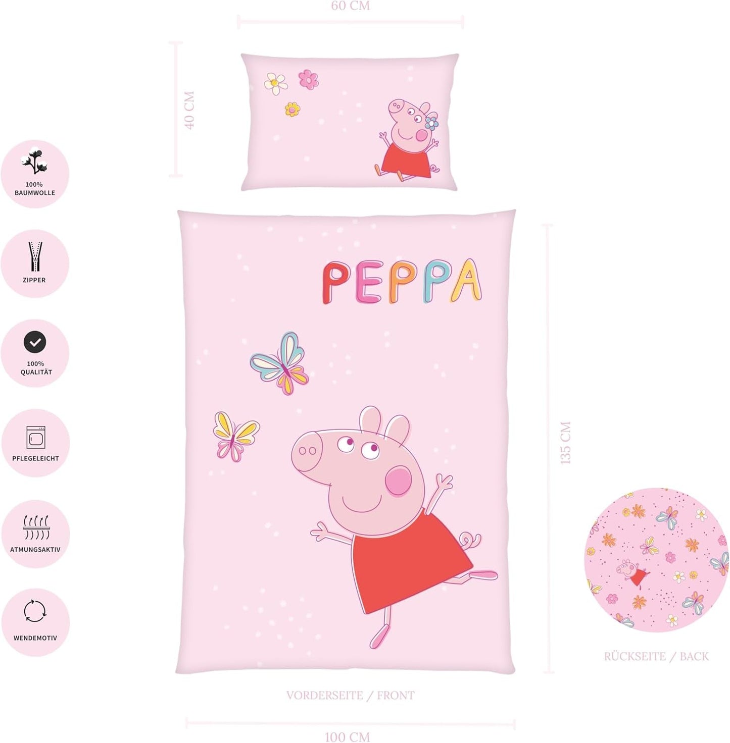 Set biancheria da letto per bambini Peppa Pig, 100 x 135 cm e 40 x 60 cm, cotone Biancheria da letto - bambini Naty Shop