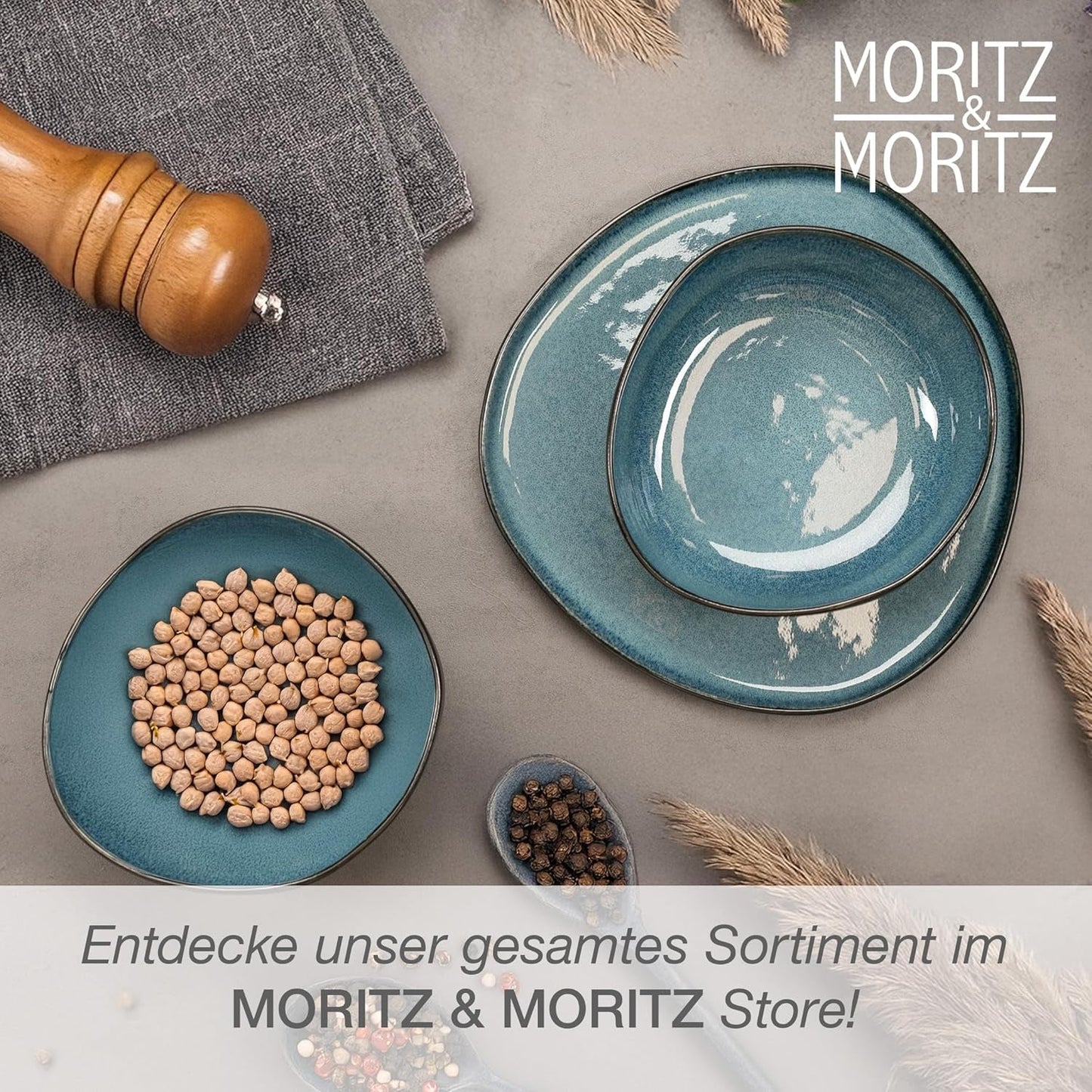 Moritz & Moritz ORGANIC Set di ciotole da portata, Blu - 2 grandi ciotole in gres di alta qualità, moderne e senza tempo, adatte al microonde e alla lavastoviglie - perfette per insalate, pasta, snack e altro ancora