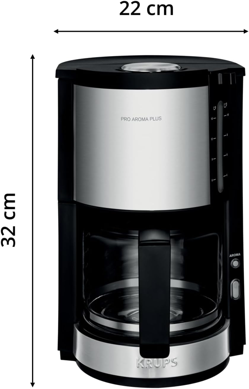 Macchina per caffè espresso Krups KM3210 Pro Aroma Plus, 10 tazze, 1,25 L, Mantieni caldo per 30 minuti, Finestra livello acqua visibile, Sistema antigoccia, Nero con applicazioni in acciaio inossidabile
