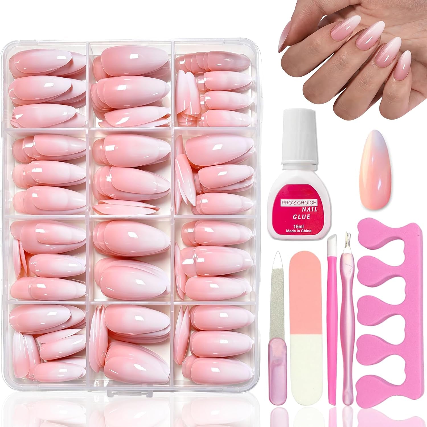 Kit per unghie finte da 360 pezzi - Unghie finte corte rosa nude sfumate bianche - Colla quadrata su unghie finte - Unghie autoadesive lucide a copertura totale per donne e ragazze (quadrate)