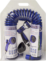 590078 – Set tubo a spirale blu 15 metri (diametro 9 mm) + pistola multifunzione con 8 ugelli + filettatura interna automatica con adattatore ¾-½ + 2 connettori rapidi + staffa di sospensione