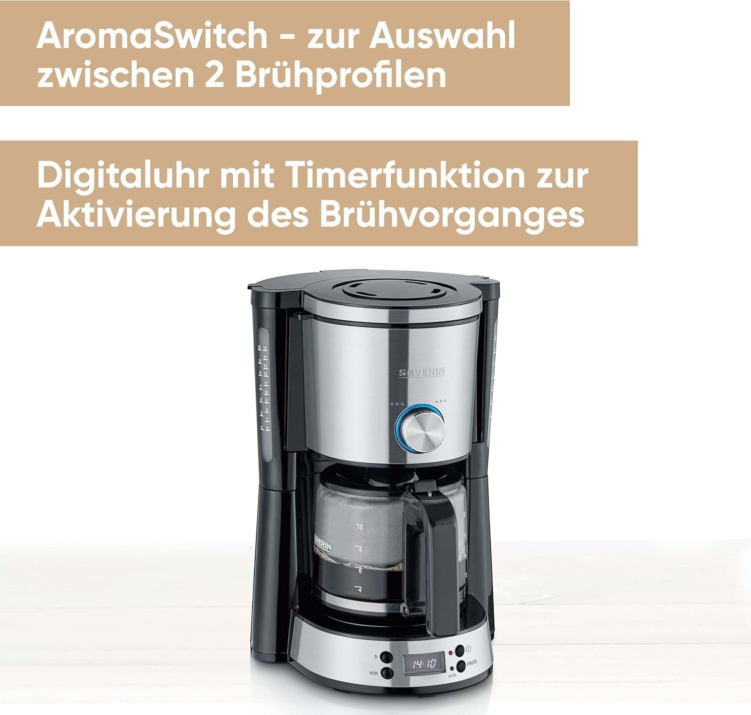 Macchina per caffè espresso SEVERIN "TypeSwitch" con caraffa in vetro e timer, AromaSwitch per scegliere 2 opzioni di erogazione, orologio digitale con funzione timer, per un massimo di 10 tazze, 1000 W, acciaio inossidabile spazzolato-nero, KA 4826