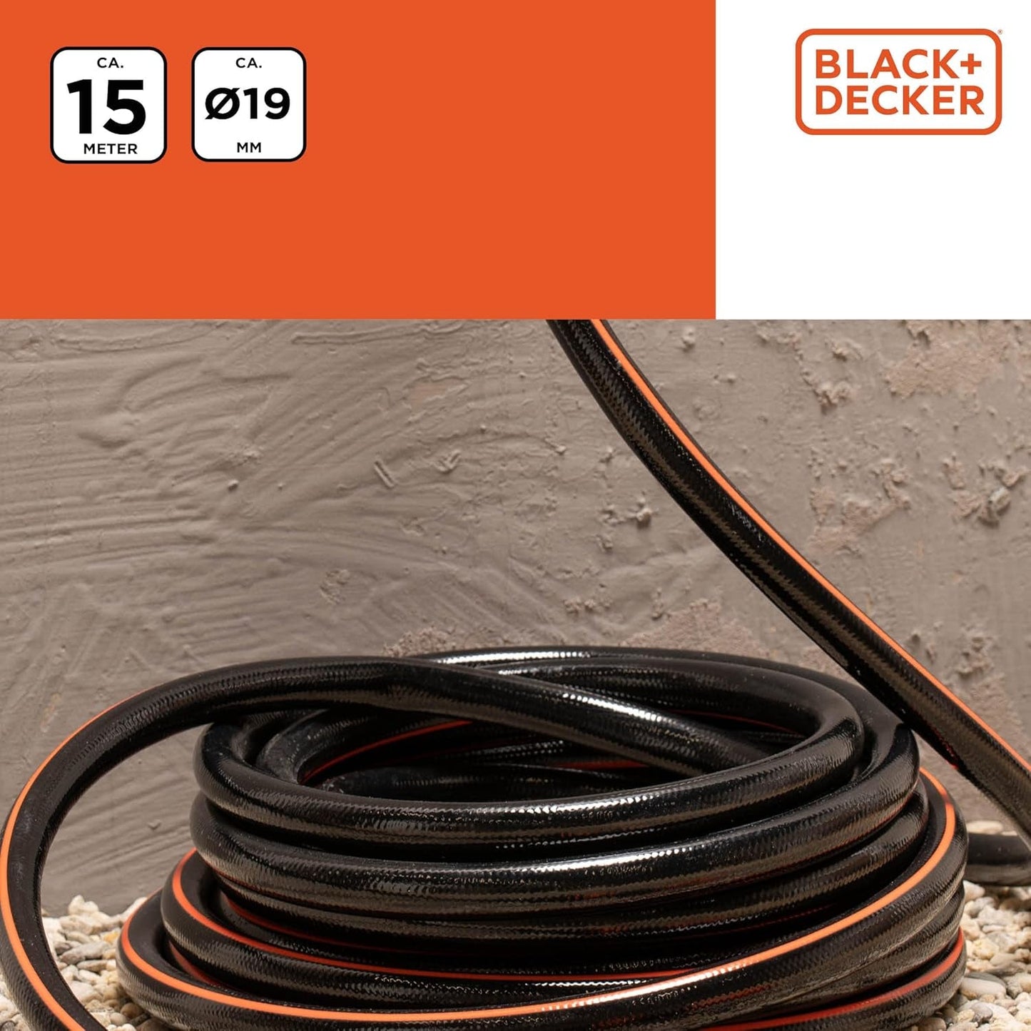 BLACK+DECKER Tubo da Giardino 15 metri - Ø19MM - PVC resistente - Irrigazione del giardino, lavaggio dell'auto, riempimento della piscina - Compatibile con qualsiasi rubinetto standard - Nero/Arancione