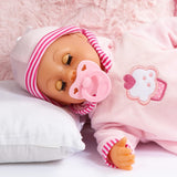 Bambola First Words con occhi assonnati, parla 24 suoni da bambino, con bambola e biberon, 38 cm, rosa/righe Naty Shop Dolls