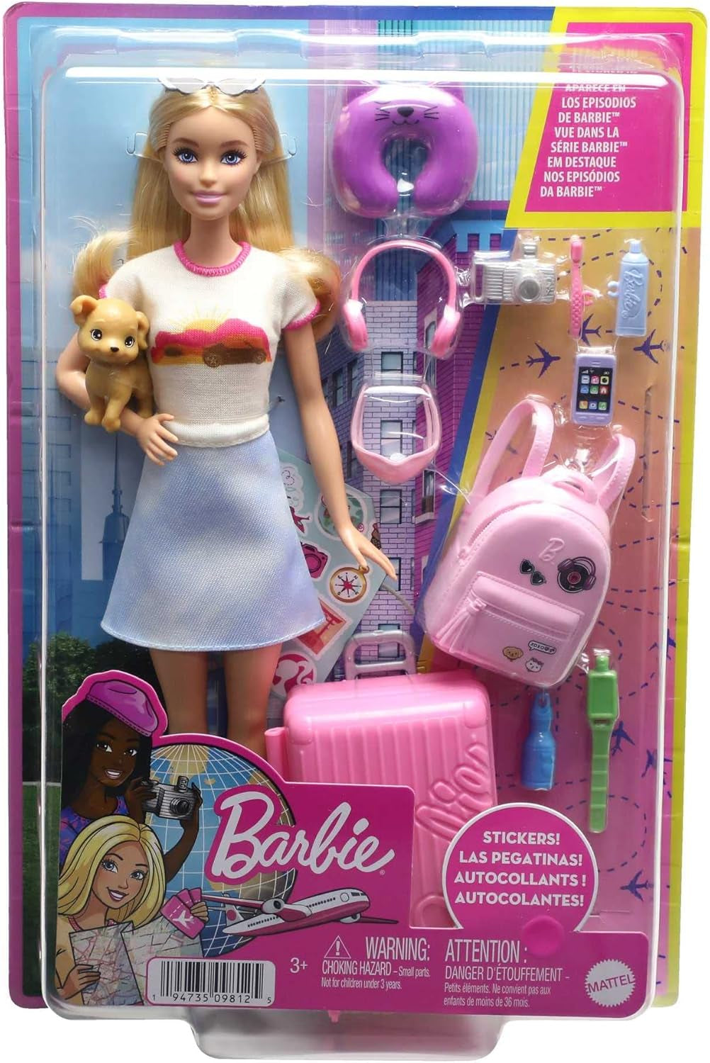 Bambola Barbie, Barbie da viaggio con capelli biondi, 10+ accessori da viaggio, adesivi, valigia, cucciolo, include 1 bambola, regalo per bambini, giocattolo età 3+, HJY18