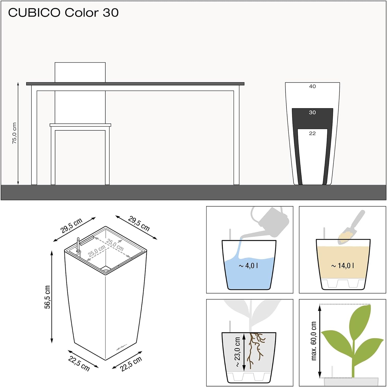 LECHUZA CUBICO Colore 30 grigio ardesia 13138, 29,5x29,5x56,5 cm