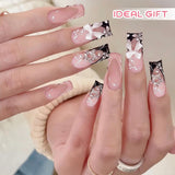 24 pezzi di strass di media lunghezza rosa perla quadrata glitter 3D unghie finte per donne e ragazze