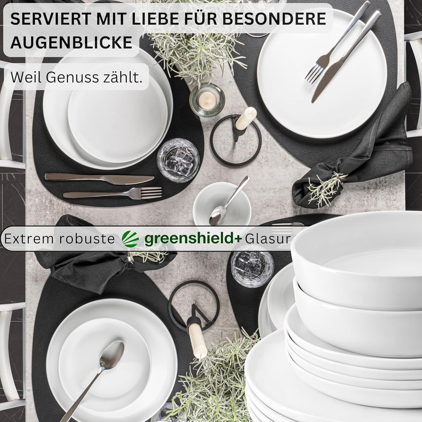 SANGER | Marlo White Servizio Piatti Servizio Piatti 24 Pezzi per 6 con Piatti Dessert, Piatti Piani, Ciotole e Ciotole per Cereali Set Piatti Piani in Porcellana Stoviglie Design Moderno COLLEZIONE PREMIUM