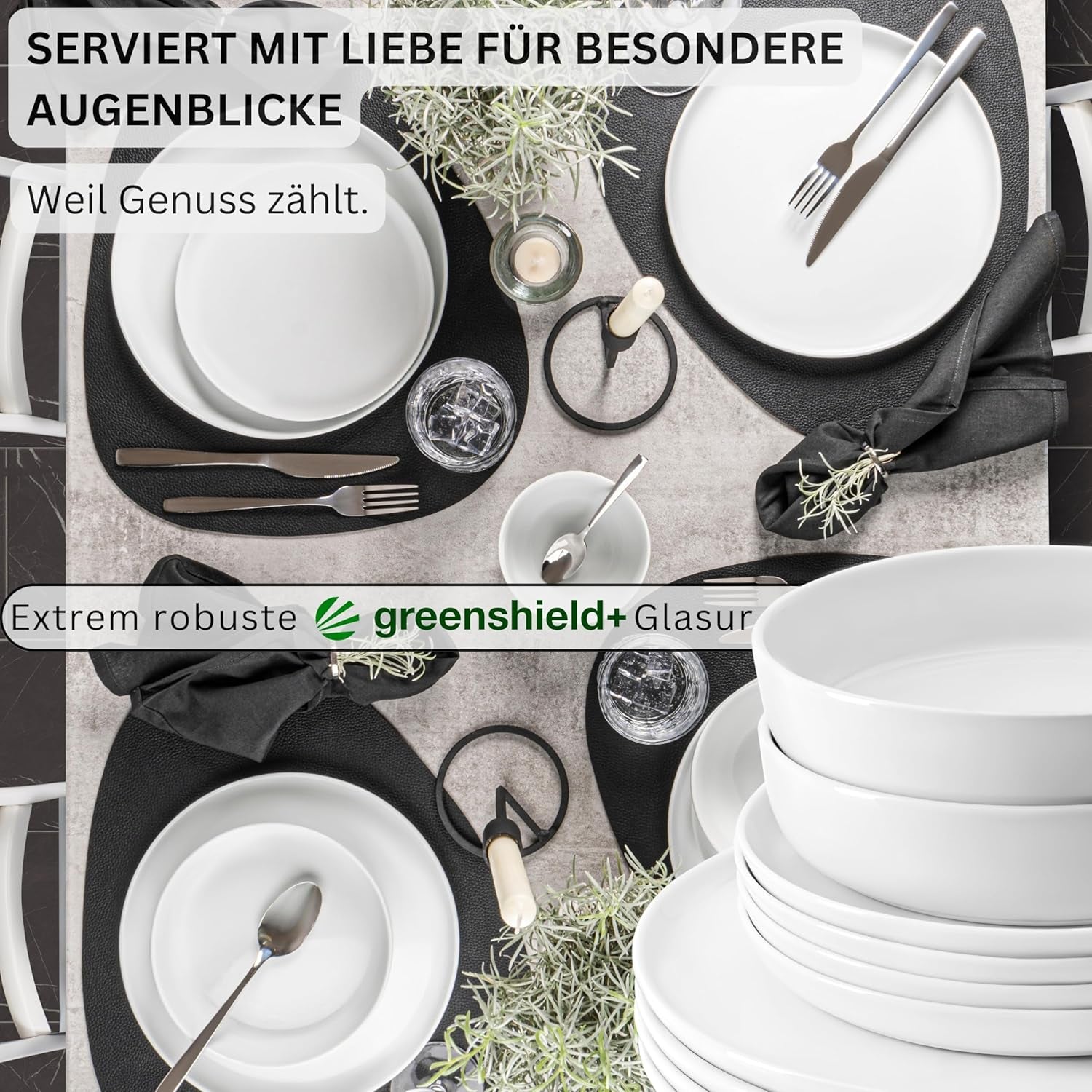 SANGER | Marlo White Servizio Piatti Servizio Piatti 24 Pezzi per 6 con Piatti Dessert, Piatti Piani, Ciotole e Ciotole per Cereali Set Piatti Piani in Porcellana Stoviglie Design Moderno COLLEZIONE PREMIUM