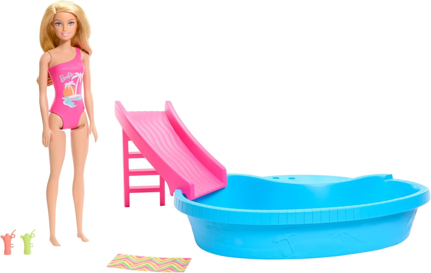 Bambola Barbie e accessori - piscina con scivolo e accessori per ore di divertimento al sole, costume da bagno rosa con design tropicale, per bambini dai 3 anni in su, HRJ74