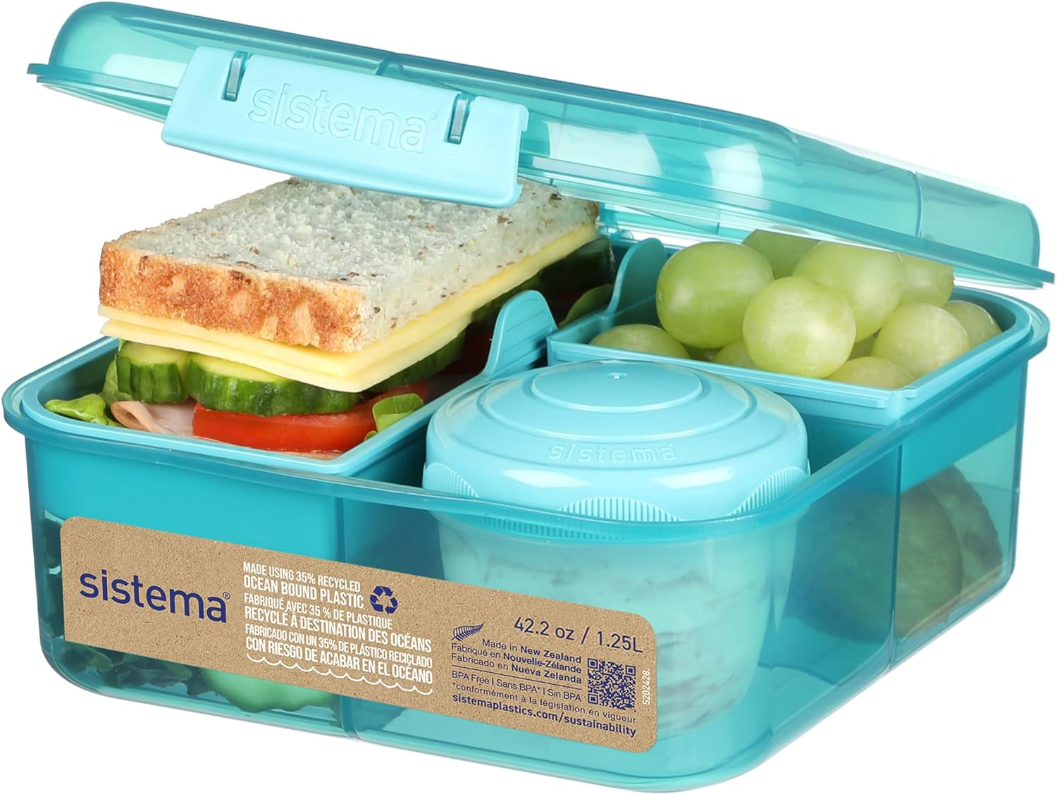 Sistema portapranzo Bento Box TO GO con scomparti | Lunch box da 1,25 L con contenitore yogurt/frutta | per bambini e adulti l | Minty Teal senza BPA [21685-8T], verde menta Scatole per alimenti Naty Shop Verde menta (plastica riciclata) 1,25 L