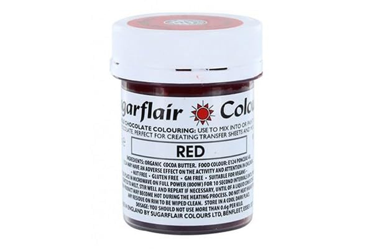 Colorante alimentare Sugarflair Chocolate Colorante alimentare per cioccolato rosso - Burro di cacao biologico colorato, colorante per cioccolato per colorare il cioccolato, praline - 35g