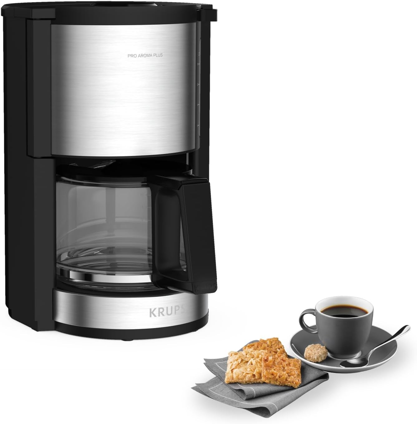 Macchina per caffè espresso Krups KM3210 Pro Aroma Plus, 10 tazze, 1,25 L, Mantieni caldo per 30 minuti, Finestra livello acqua visibile, Sistema antigoccia, Nero con applicazioni in acciaio inossidabile