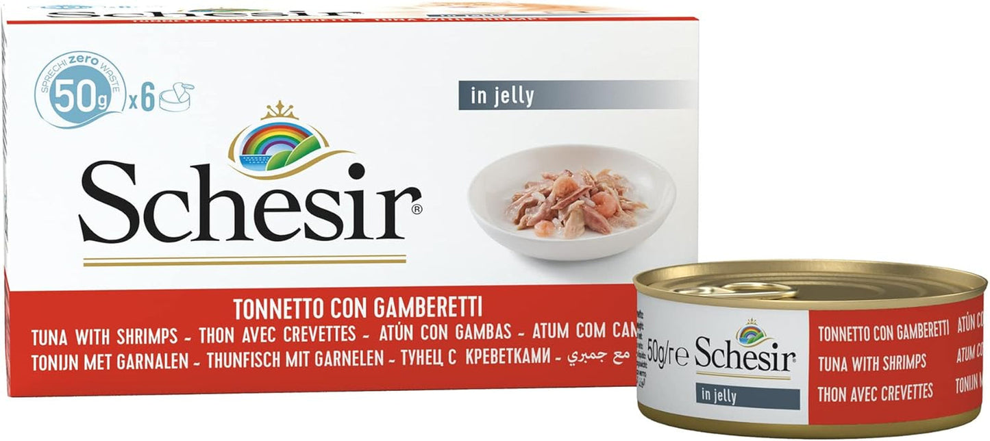 Gelatina di Gamberetti Tonno per Gatti, Cibo Umido per Gatti in Gelatina, 8 x 6 Lattine x 50g
