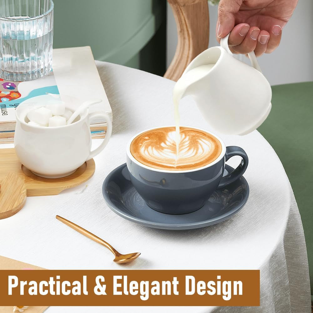 Set latte e zucchero con coperchio e cucchiaio, lattiera e contenitore zucchero in ceramica 5 parti con tavoletta in legno, contenitore latte e zucchero per cucina, caffè, forno microonde e lavastoviglie (bianco)