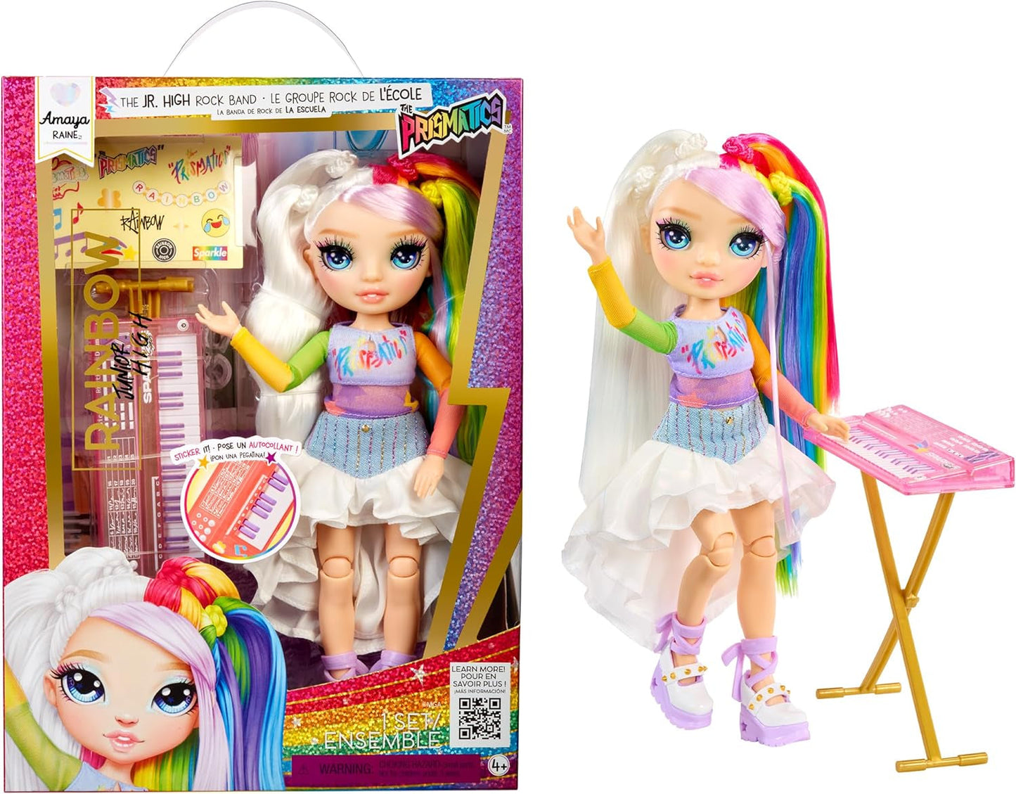 Rainbow High Junior High Rock Band - Amaya, Rainbow Colors - Bambola alla moda da 23 cm con tastiera, personalizzabile con adesivi, articolata, simpatico giocattolo per bambini dai 4 anni in su