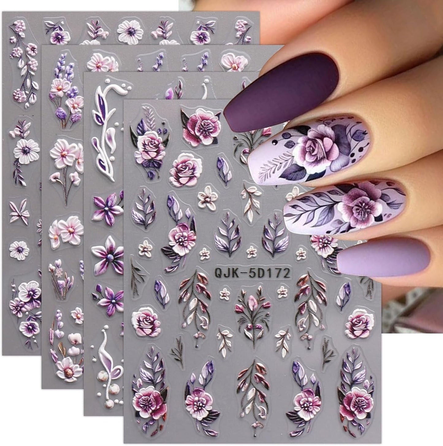 JMEOWIO 3D Nagelsticker Blumen Nail Art Sticker Selbstklebend Nagelaufkleber 5D Stereoscopico Frühling Sommer Dekoration Nageldesign Zubehör 4 Blatt