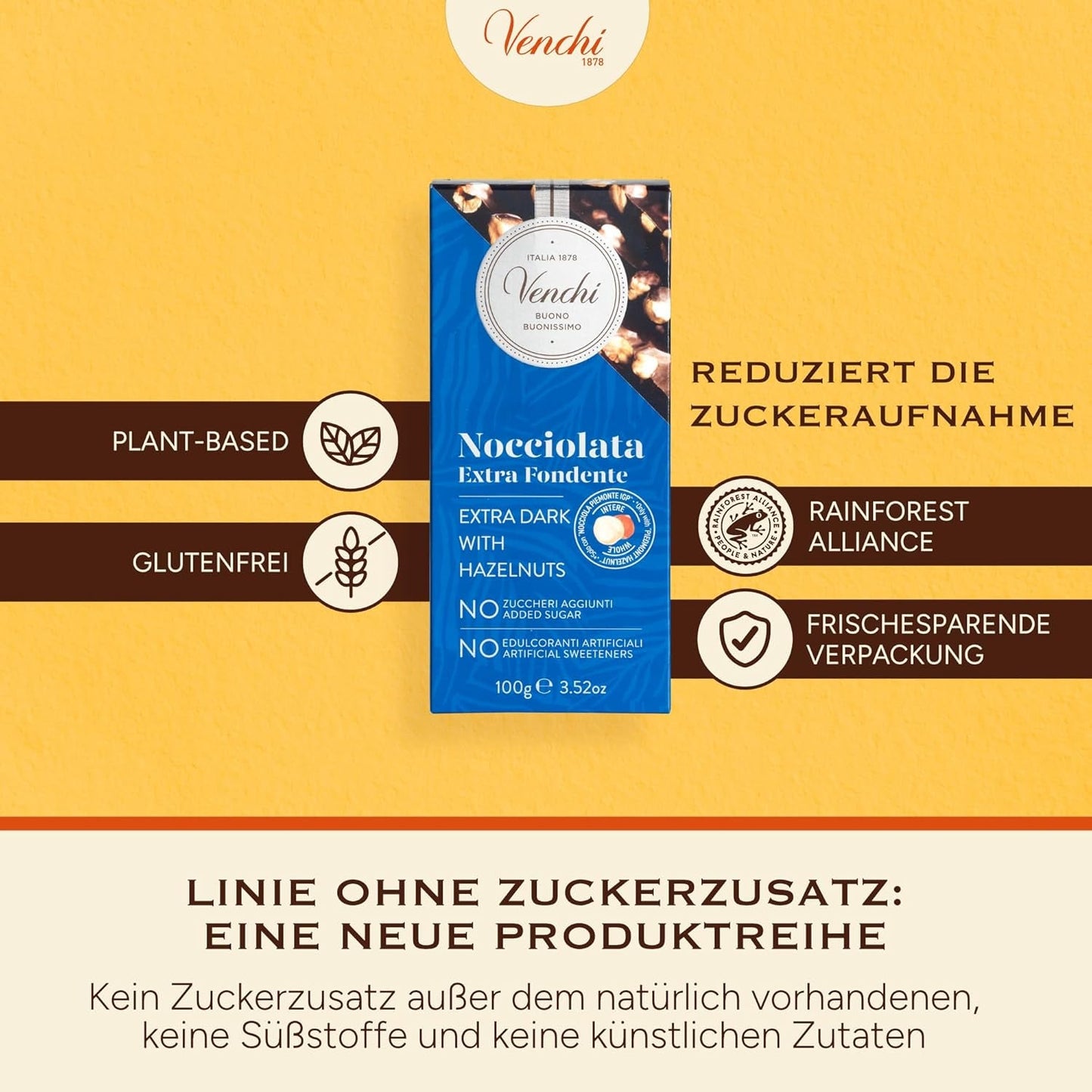 Venchi - Confezione da 6 tavolette di cioccolato fondente con nocciole, 600g - Senza zuccheri aggiunti - Senza dolcificanti artificiali - Senza glutine - Vegan - Idea regalo