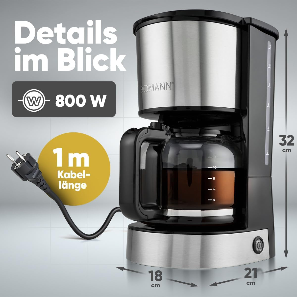 Macchina per caffè espresso con filtro Bomann® | per 12-14 tazze | Macchina per caffè espresso con filtro | Cassa in acciaio inossidabile | Antigoccia | Espresso | Macchina per caffè espresso con filtro | 800 W | KA 6071 CB