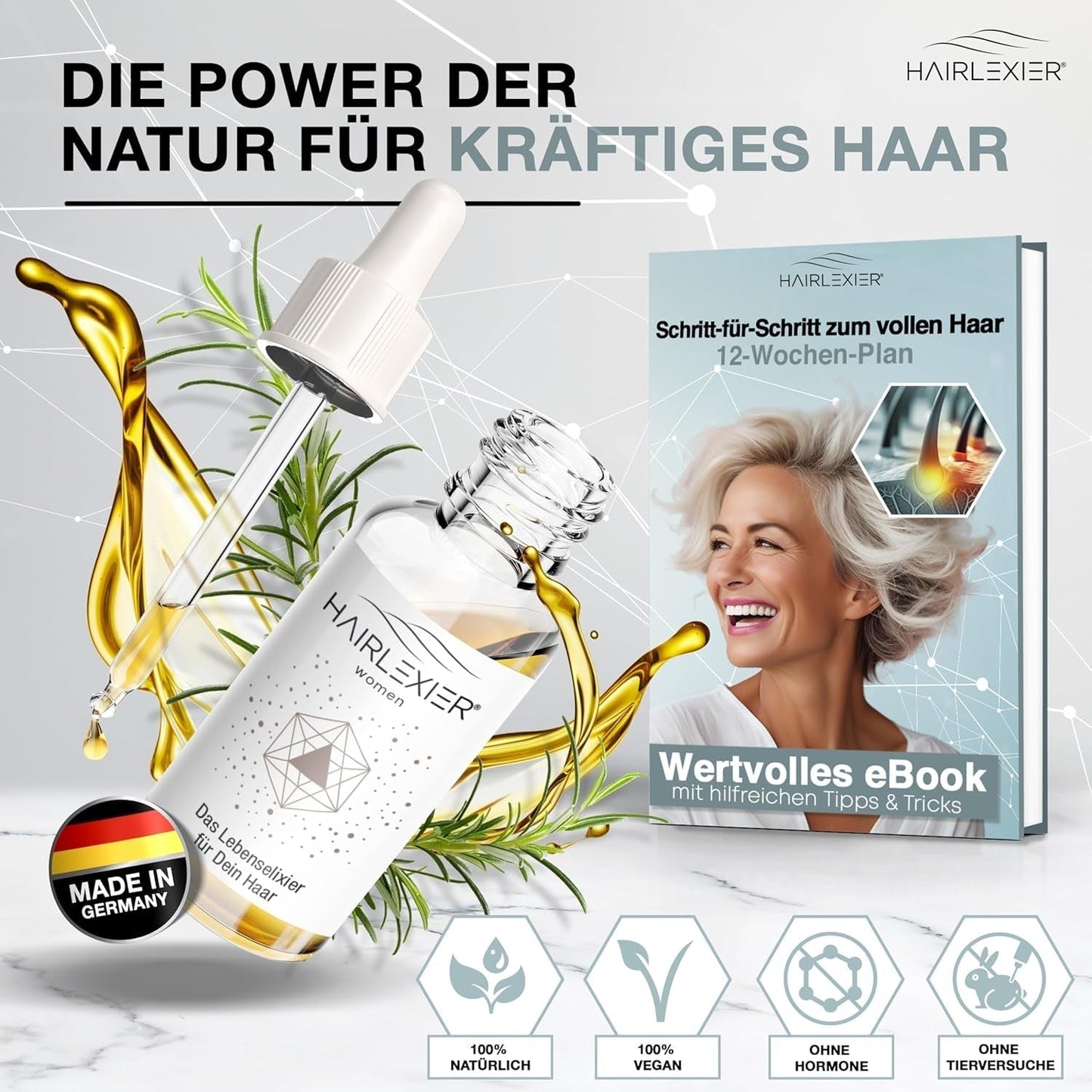 Hairlexier Rimedio per la Crescita dei Capelli per Donne - Olio per capelli al rosmarino, Olio per capelli all'olio di ricino, Olio alla lavanda, Siero naturale per capelli contro la caduta diffusa dei capelli, Supporta la crescita dei capelli, Vegano e biologico + Manuale per la cura dei capelli Naty Shop