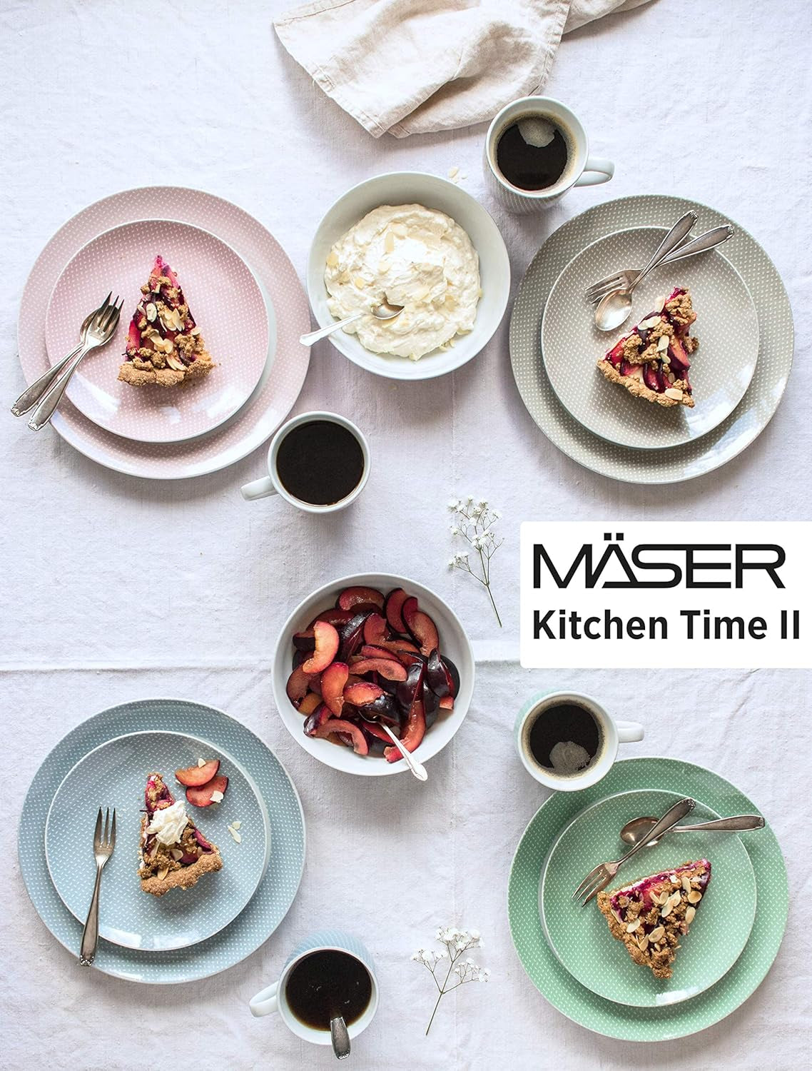 MÄSER Kitchen Time II, Servizio da tavola per 4, Servizio combinato con 16 pezzi in colori pastello con motivo discreto, Porcellana, Rosa