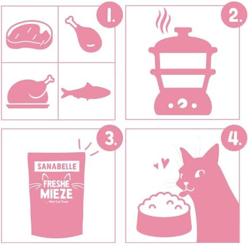 Sanabelle Freshe Mieze - Vassoio Mix | Confezione mista da 10 x 100 g | 4 deliziose varietà di cibo per gatti da provare | Cibo umido per gatti cotto a vapore, proprio come appena cucinato