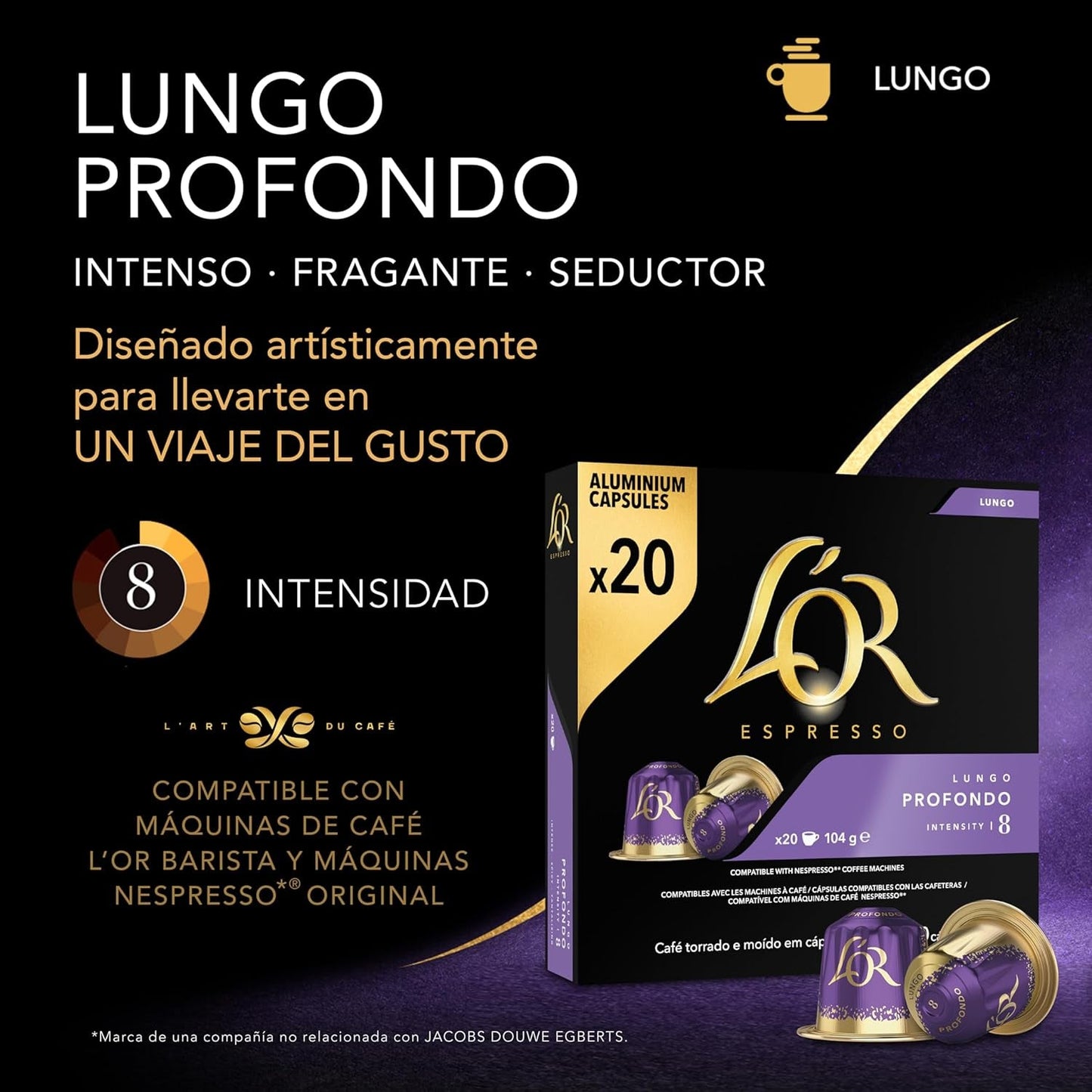 L'OR Espresso Koffiecups Lungo Profondo (200 capsule Lungo Koffie, Gesicht voor Nespresso* Koffiemachines, Intensity 08/12, 100% Arabica Koffie, UTZ Gecertificeerd), 10 x 20 tazze