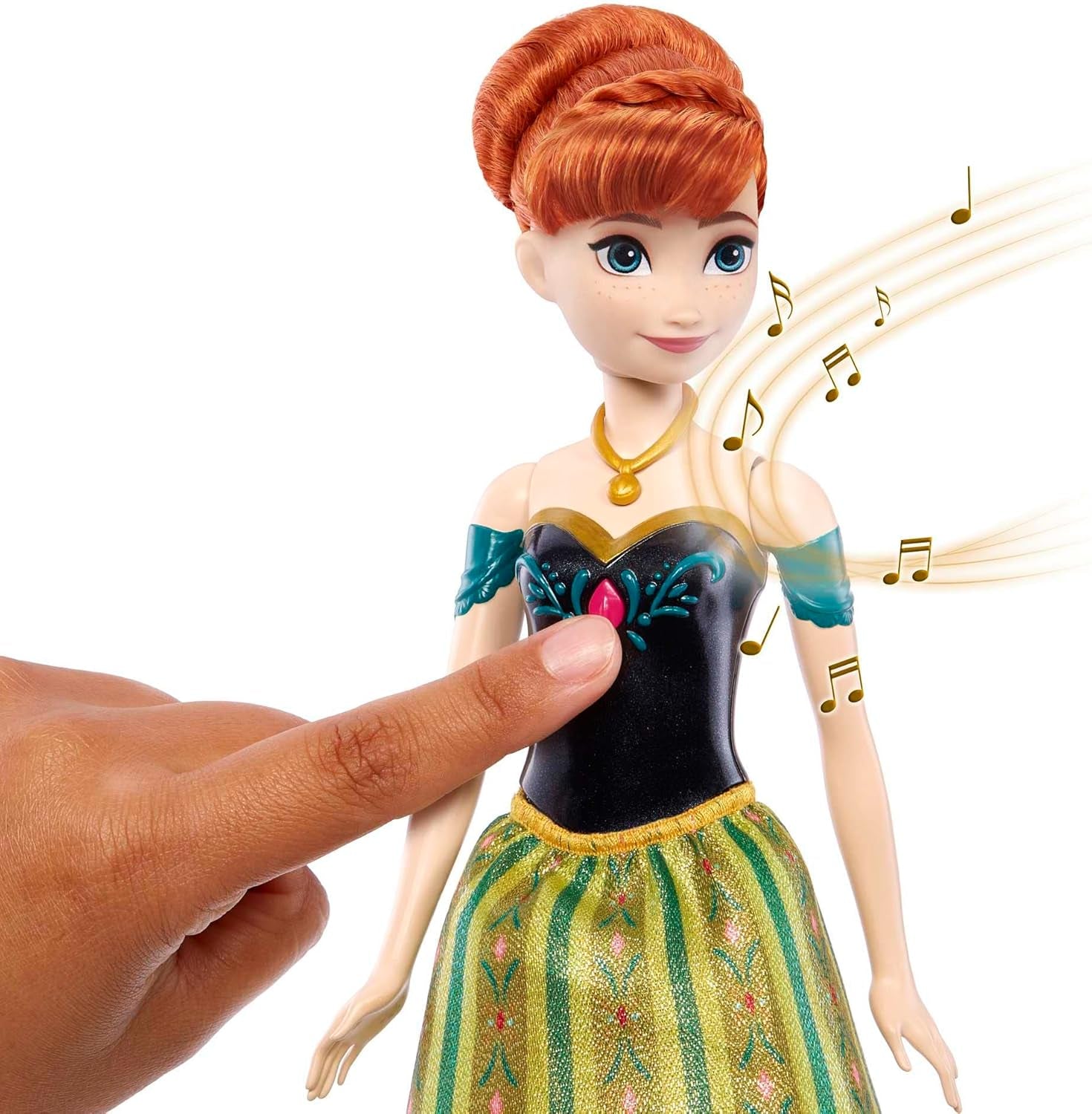 Mattel Disney Frozen Anna che canta bambola - Frammento di canzone di 30 secondi, classico vestito da castello, gonna morbida staccabile, capelli pettinabili, per bambini dai 3 anni in su, versione tedesca, HMG41