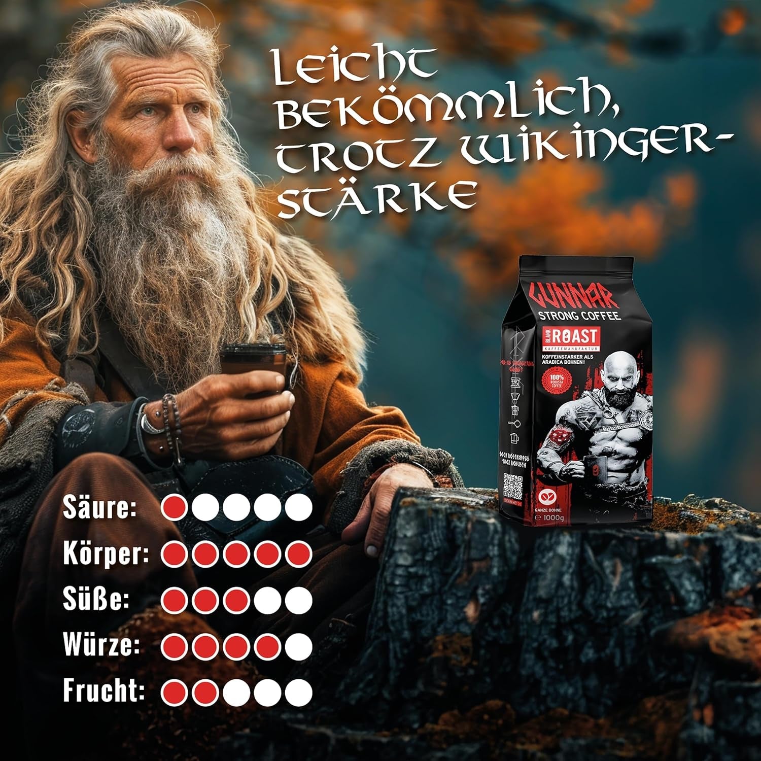 Arrosto Bianco - GUNNAR - 1kg - Whole Kaffee-Bohnen Extra Strong - Kräftige Robusta-Röstung - 494mg Kaffein je Tasse - Würzig & Kraftvoll mit Noten von dunkler Schokolade - Säurearm