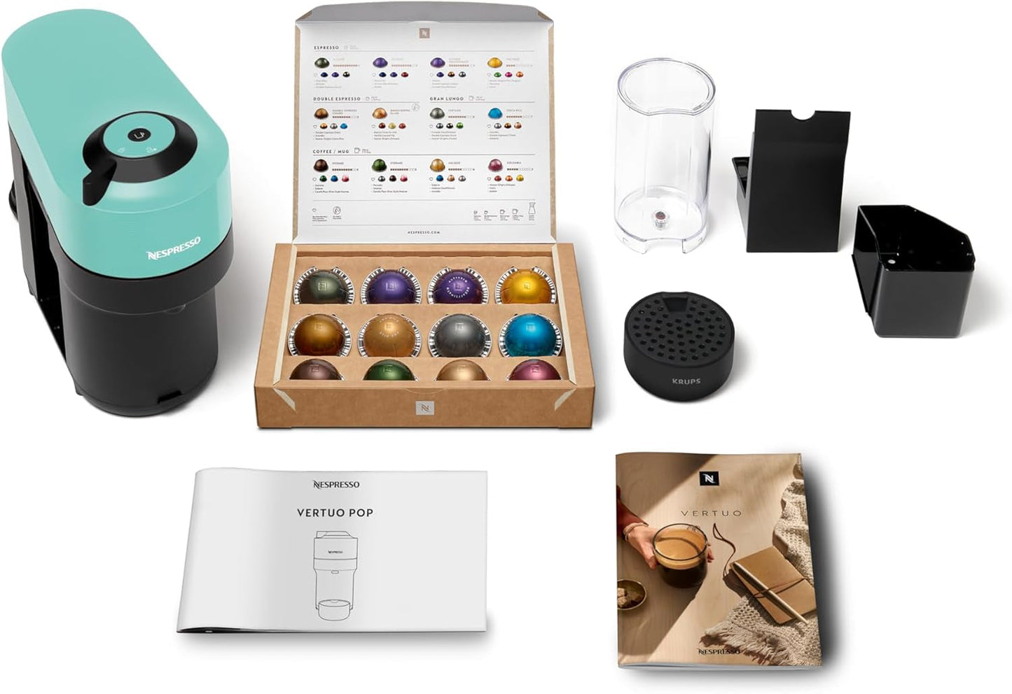 Macchina per caffè espresso con capsule Nespresso Krups Vertuo Pop, capacità: 560 ml, riconoscimento automatico delle capsule, sistema one-touch, 4 dimensioni di tazza, tempo di riscaldamento ridotto, sostenibile, Aqua Mint, XN9204