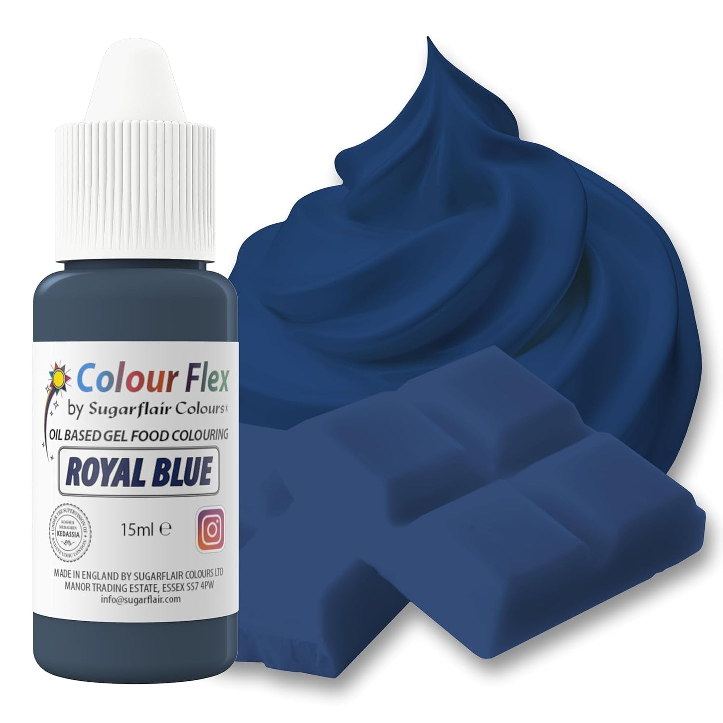 Sugarflair Colourflex Colorante alimentare a base di olio, Blu reale, Colorante alimentare liquido altamente concentrato, Colorante alimentare per crema al burro, cioccolato, pasta, fondente, glassa e altro - 15 ml