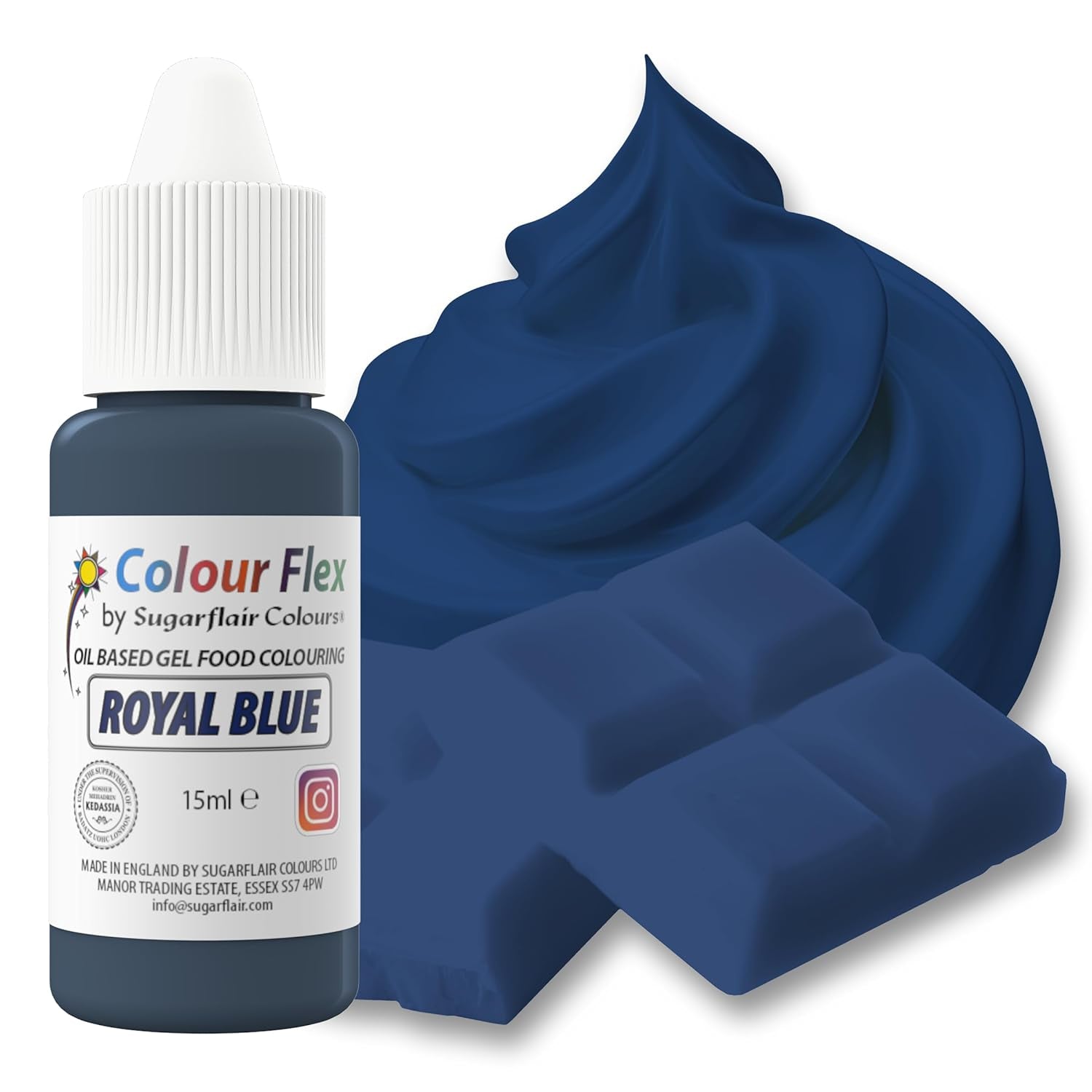 Sugarflair Colourflex Colorante alimentare a base di olio, Blu reale, Colorante alimentare liquido altamente concentrato, Colorante alimentare per crema al burro, cioccolato, pasta, fondente, glassa e altro - 15 ml