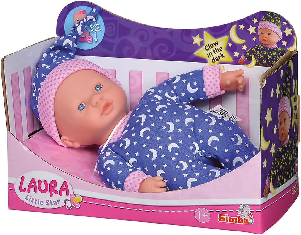 Simba 105010010 - Laura Little Star bambola dal corpo morbido con dolce vestito e cappello con lune e stelle scintillanti bambola che si illumina al buio da 20 cm per 12 mesi+ Blu Bambole Naty Shop