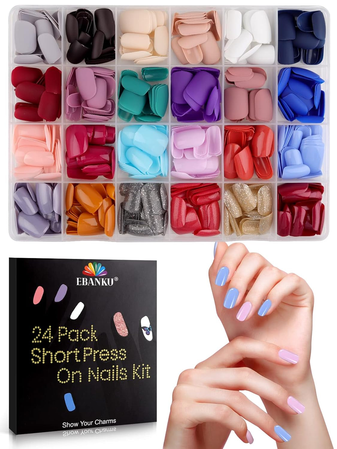 EBANKU 576 pezzi di unghie artificiali con stampa breve con colla per unghie, 12 colori per unghie artificiali corte opache, 8 unghie artificiali corte lucide, 4 unghie artificiali glitterate