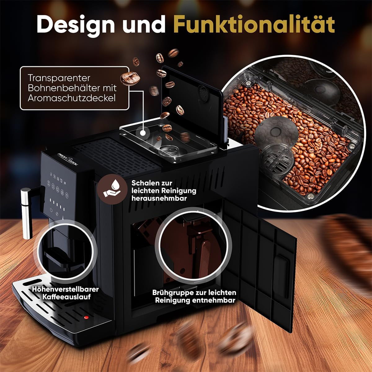 Macchina per caffè espresso ProfiCook® completamente automatica con montalatte per cappuccino | Macina conica | con funzione scaldatazze | Pompa Professionale Italiana | Touchscreen | Espresso | PCKAV1281