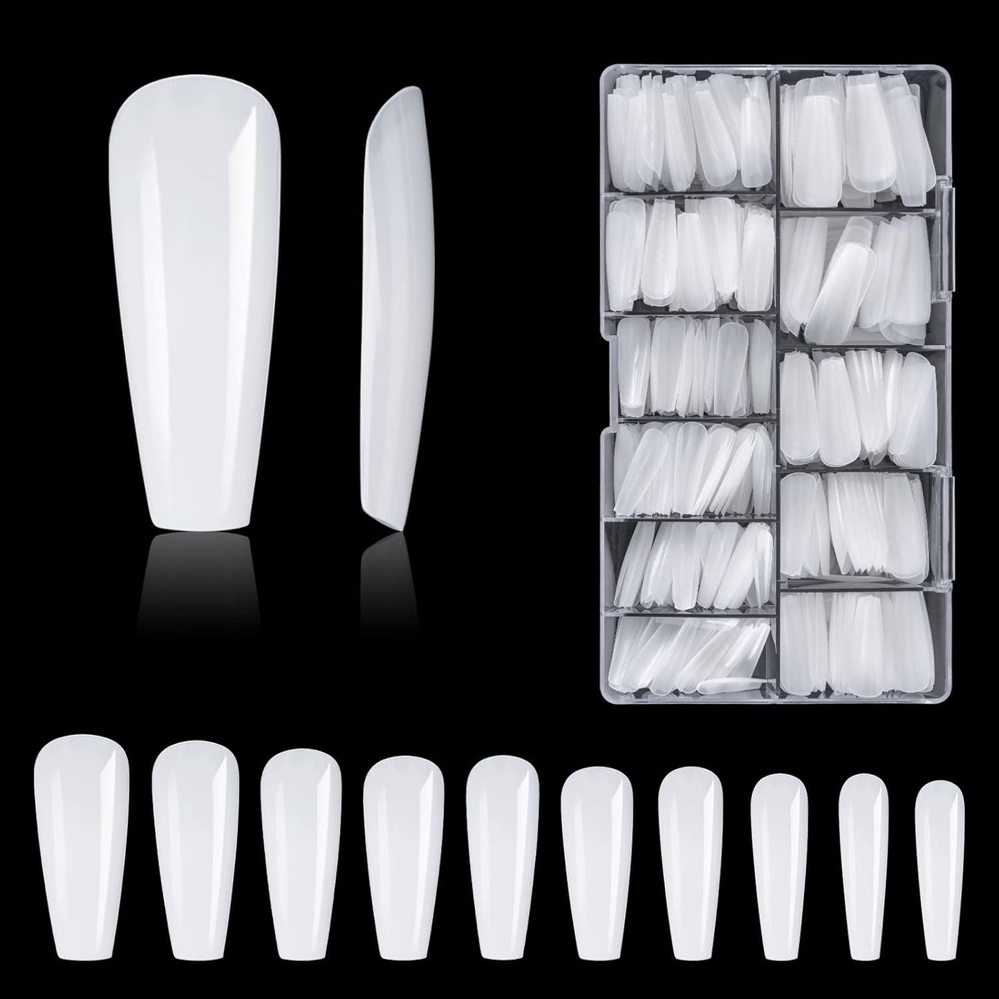 Tipi di unghie, 500 punte per unghie finte acriliche artificiali con scatola di immagazzinaggio per saloni di bellezza e nail art fai da te per la casa, 10 dimensioni