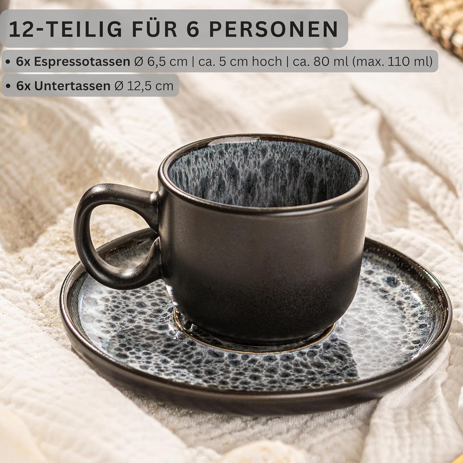 SANGER Sydney | Set di tazzine da caffè in ceramica da 12, set di tazze da moka per 6, tazze e piattini, lavabili in lavastoviglie e adatti al microonde, grigio scuro, 80 ml | LA COLLEZIONE DI VALORE