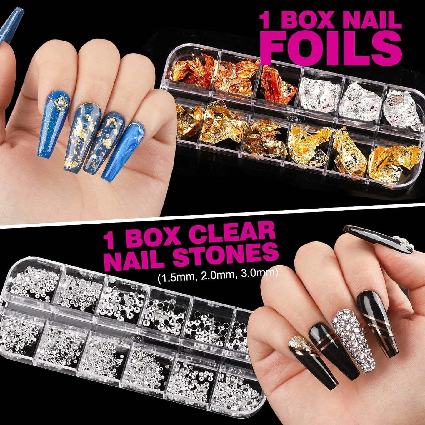FANDAMEI 54 Blätter Wassertransfer Nagelsticker & Nail Art Pinsel Set, Penne a pois, Blattgold Für Nagelkunst, Streifenband, Strasssteine, Werkzeug und Dekorationen Set Für Nagelkunst Maniküre Set