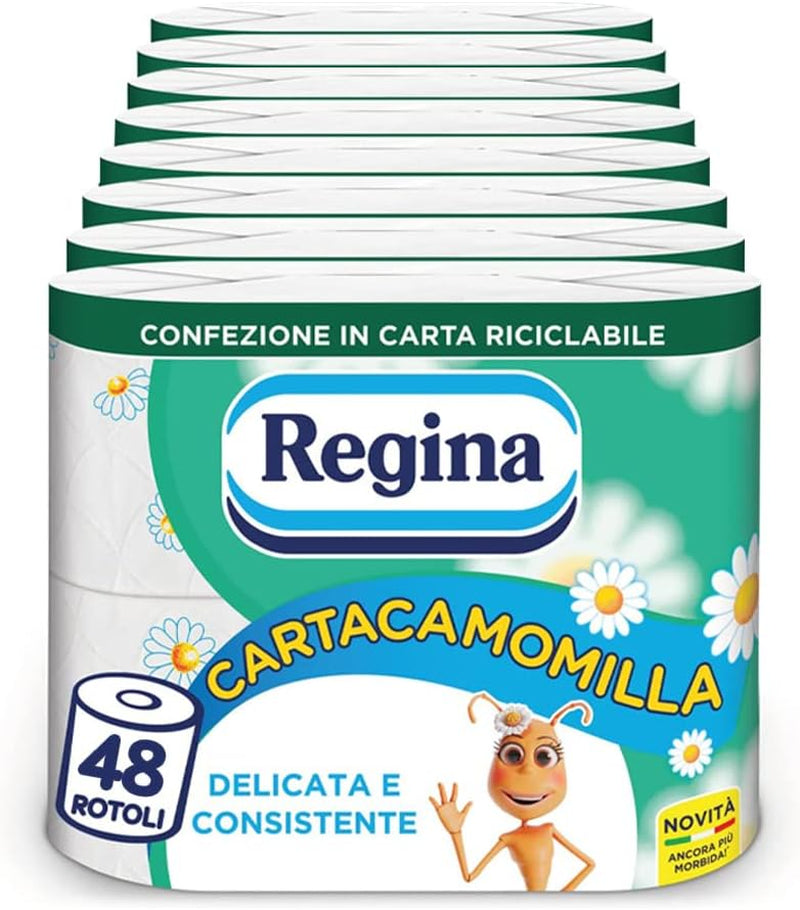 Regina Cartacamomilla - Carta Igienica 8 Rotoli, 300 Soffici Fogli, 3 Veli, Morbida e Resistente, Confezione in Carta Riciclabile